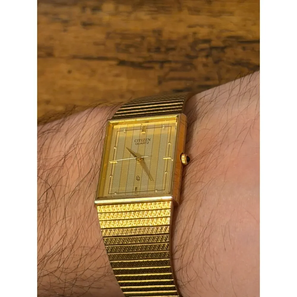 Citizen Quartz Gold Tone Rectangular Watch Textured Dial Mesh Bracelet